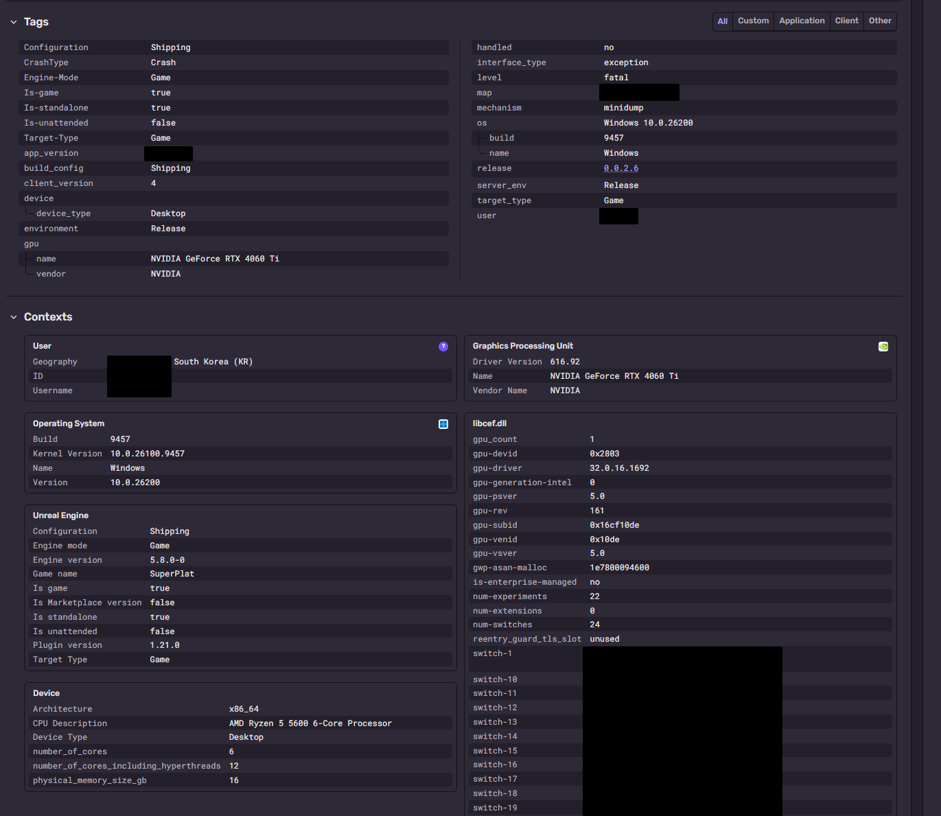Sentry 이슈 상세 화면 Tags에 server_env, app_version, map, build_config 등이 붙고 User에 memberId/닉네임이 보이는 스크린샷
