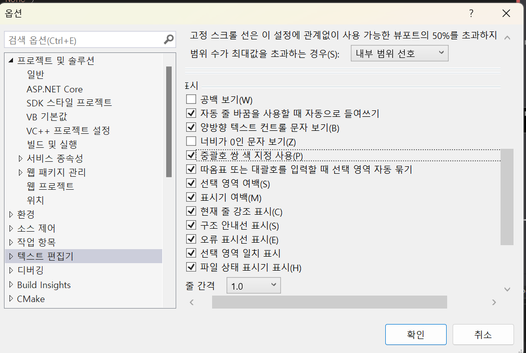 VS 옵션에서 중괄호 쌍 색 지정 설정